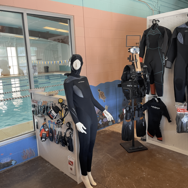 Dive equipment shop with mannequin